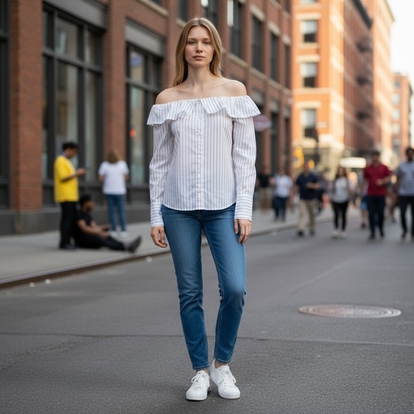 Staand Apparel Tops - STAAND Apparel White Off Shoulder Striped Button Top
New